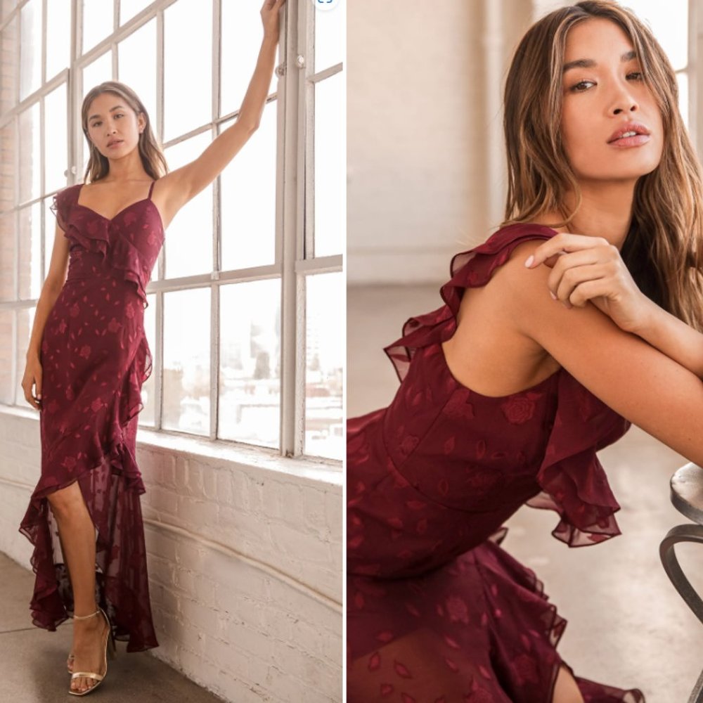 Lulus Forever Be Burgundy Floral Jacquard Ruffled Maxi Dress